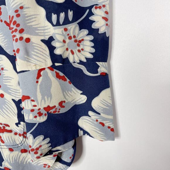 Tory Burch Size 2 Navy Blue Gray Red Floral Printed Long Sleeve Silk Blouse Top - Picture 4 of 10